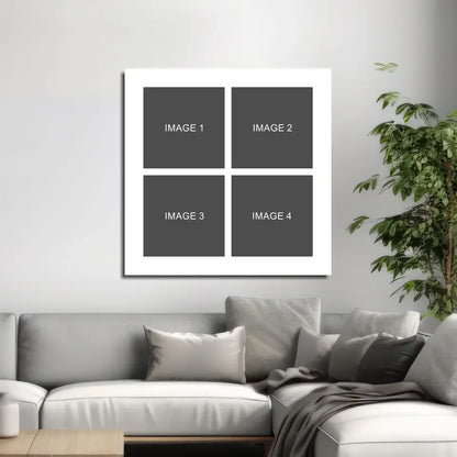 White framed canvas photo collage wall art with four gray squares labeled image 1 to 4