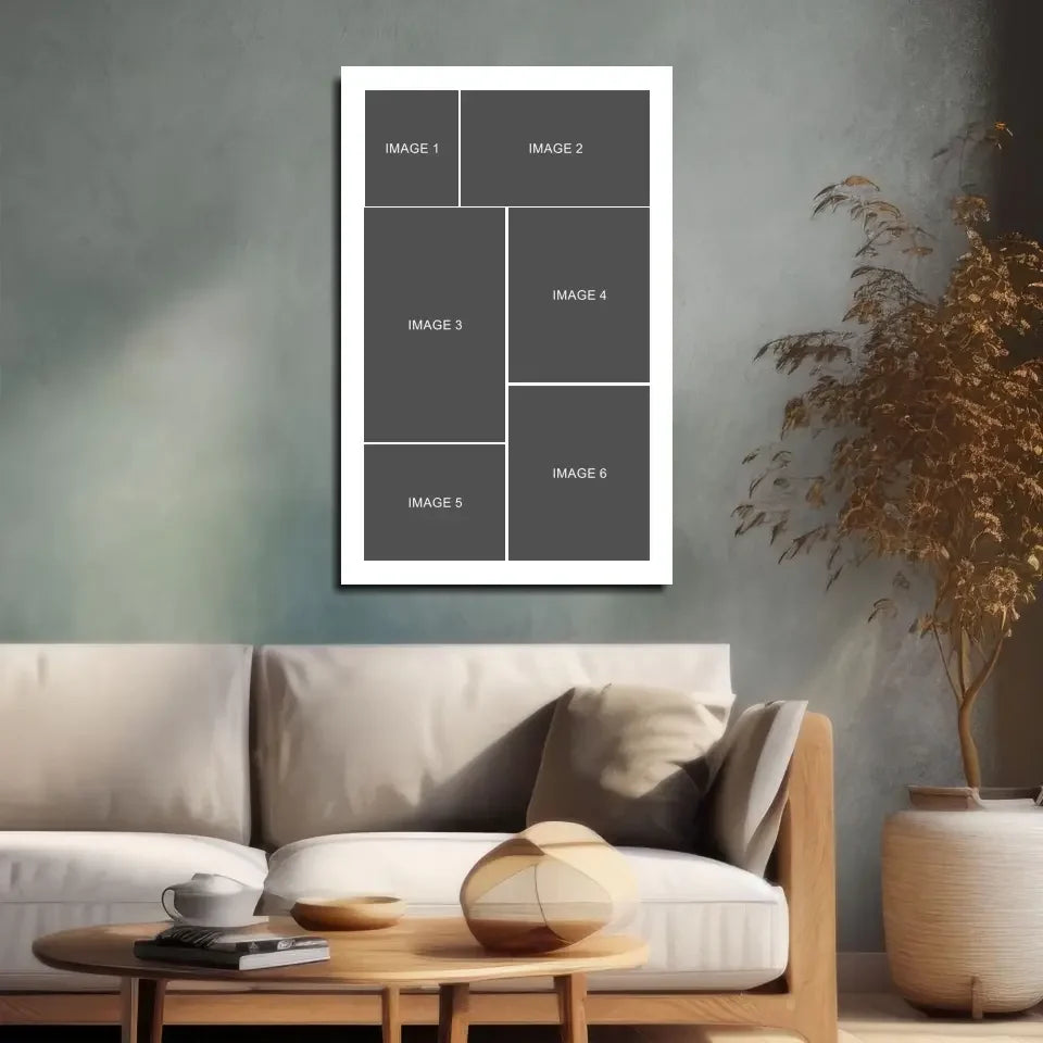 White-framed canvas photo collage wall art with 6 gray placeholders