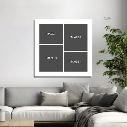 White-framed canvas photo collage wall art in 4 gray sections