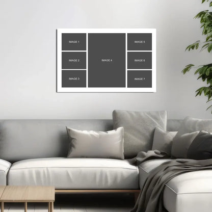 White-framed canvas with 7 gray photo collage placeholders for custom wall art