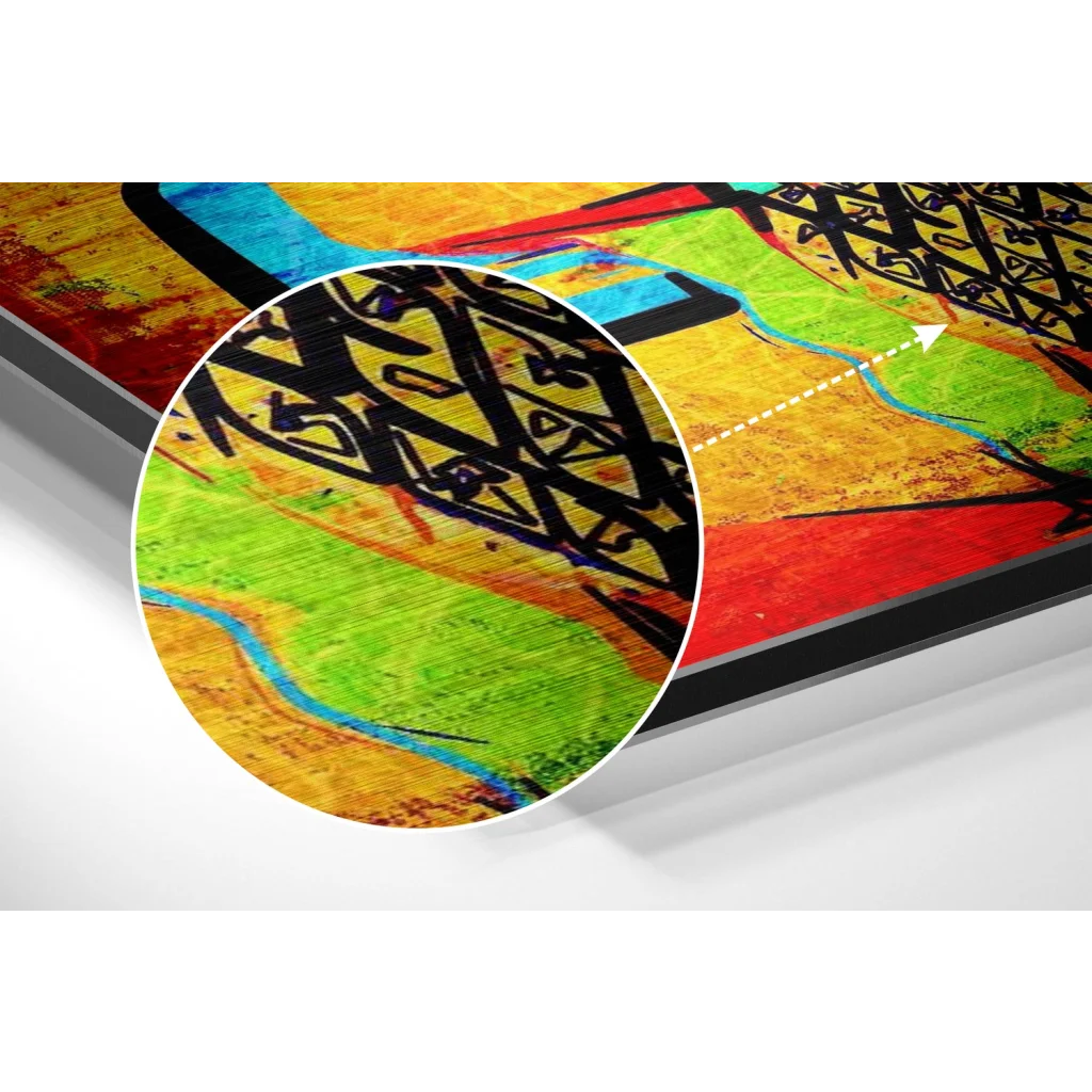 Vibrant abstract art on brushed aluminium dibond print with bold black geometric patterns on yellow, green, red textured background