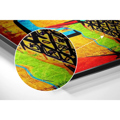 Vibrant abstract art on brushed aluminium dibond print with bold black geometric patterns on yellow, green, red textured background