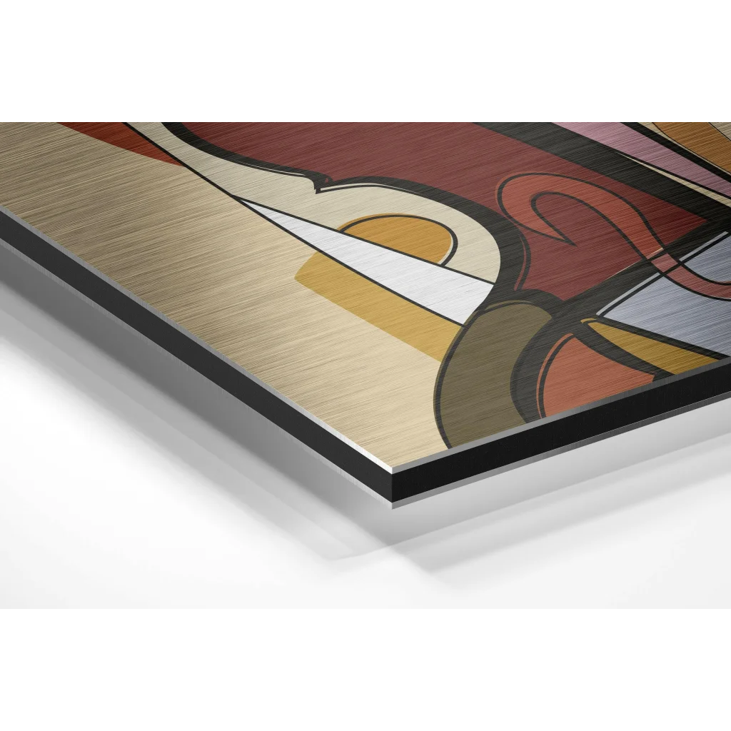 Bold abstract art on brushed aluminium dibond in red, gold, cream