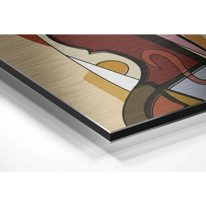 Bold abstract art on brushed aluminium dibond in red, gold, cream