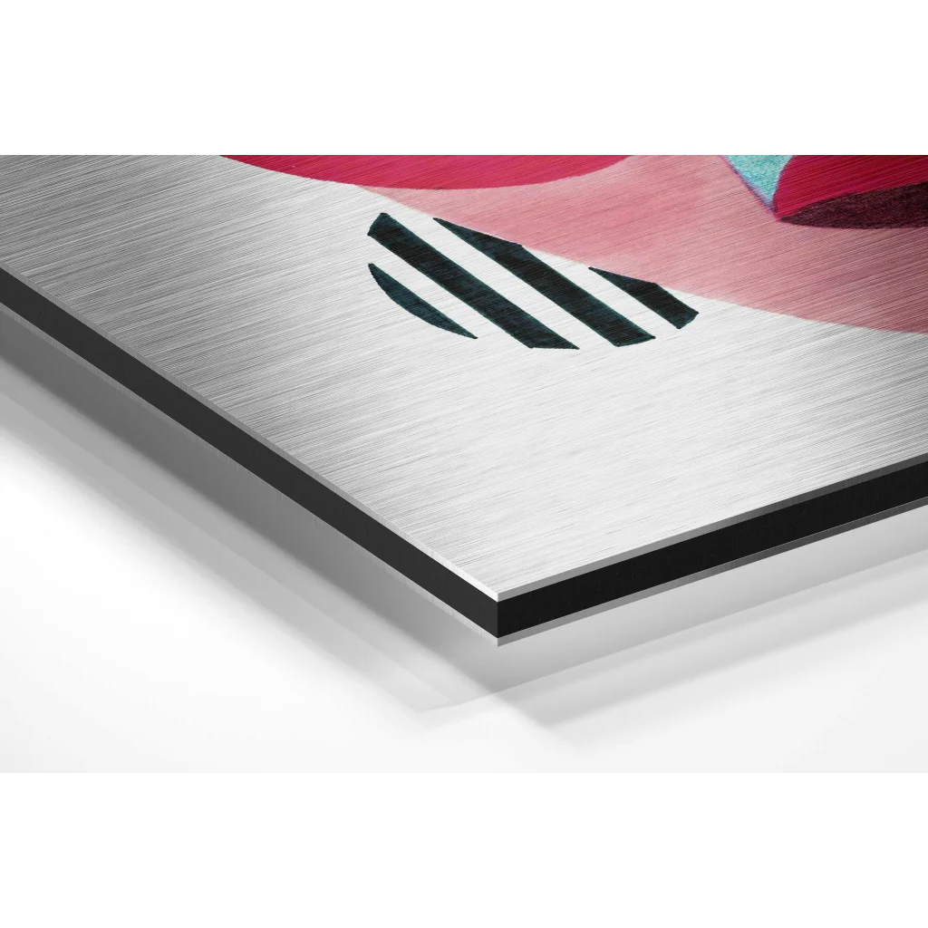 Bold abstract art on brushed aluminium dibond with black stripes