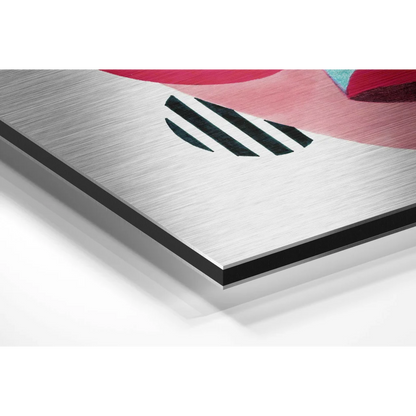 Bold abstract art on brushed aluminium dibond with black stripes