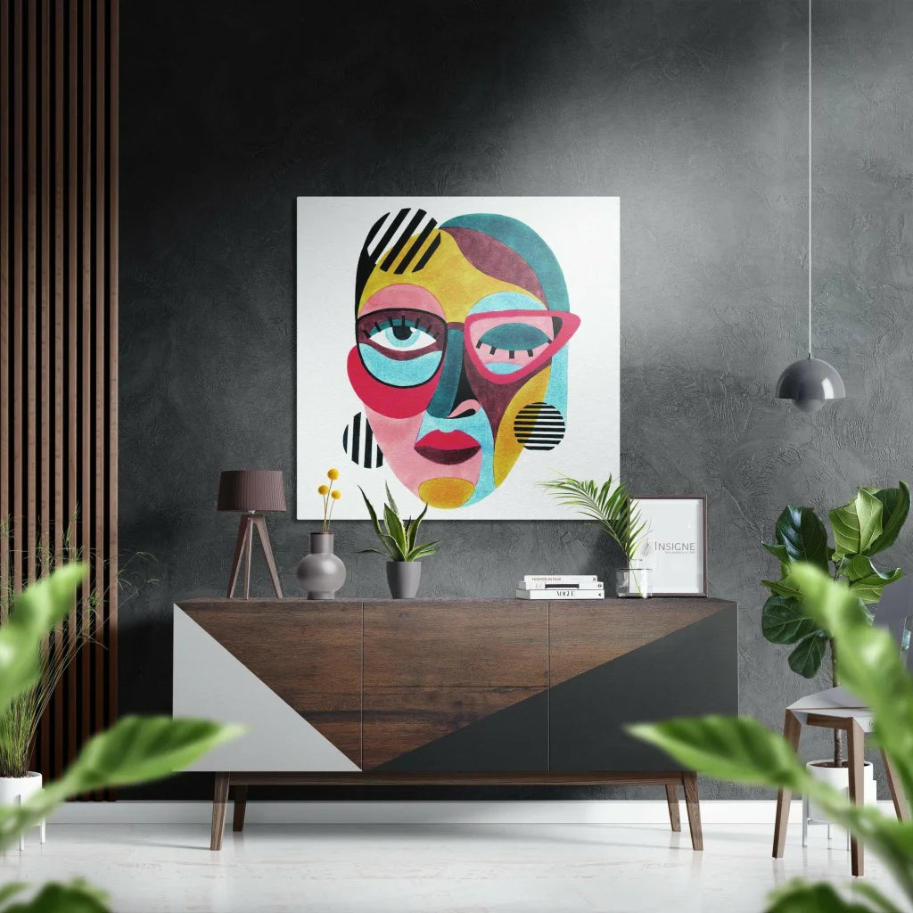 Vibrant abstract face painting on brushed aluminium dibond