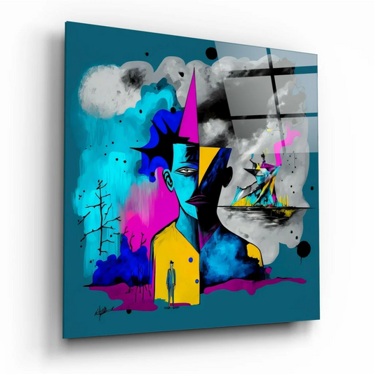 Vibrant abstract glass wall art with stylized face in blue, pink, yellow on teal