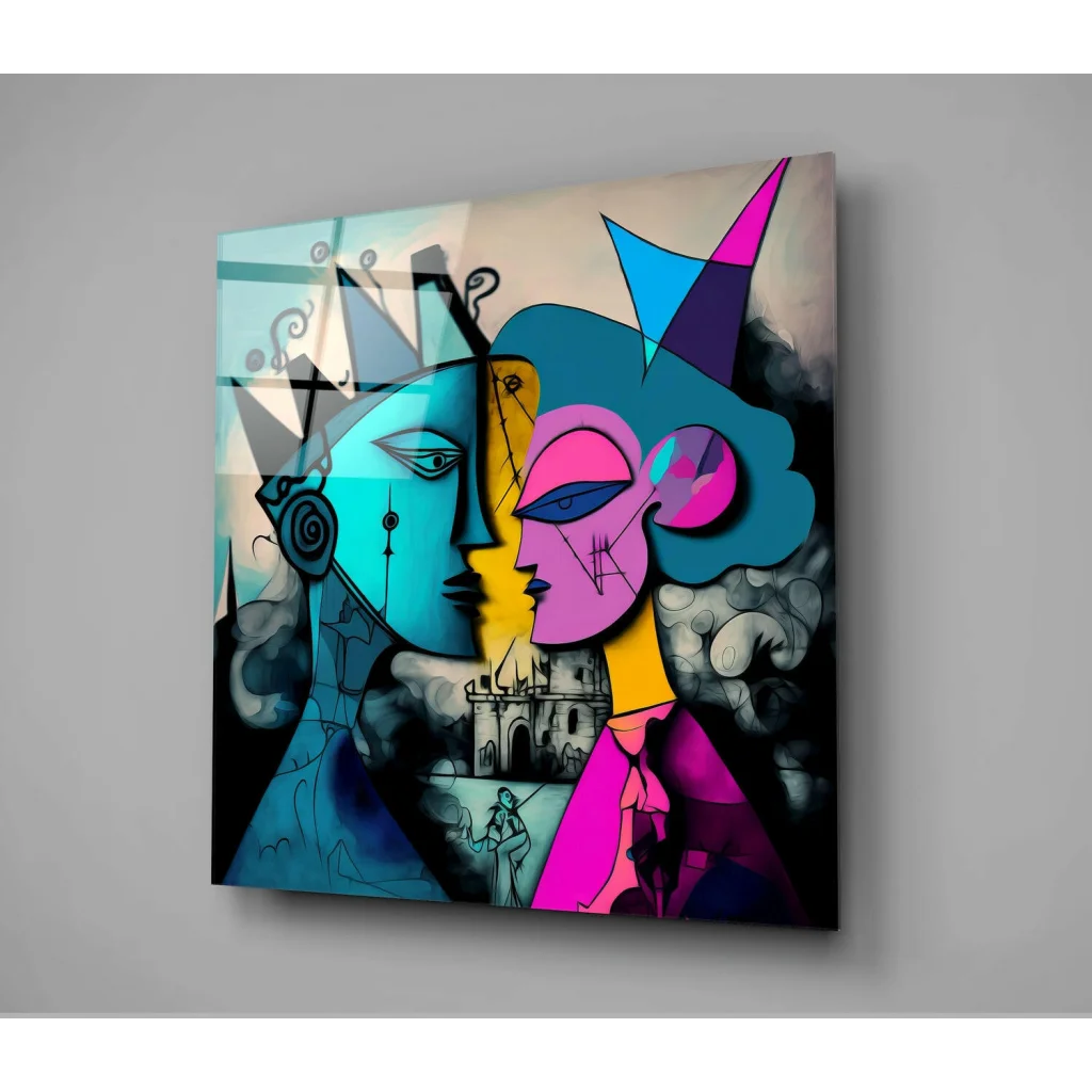 Vibrant Abstract Faces Glass Wall Art with Geometric Crowns | Glass Wall Art Print | vintageantiquesgifts.com
