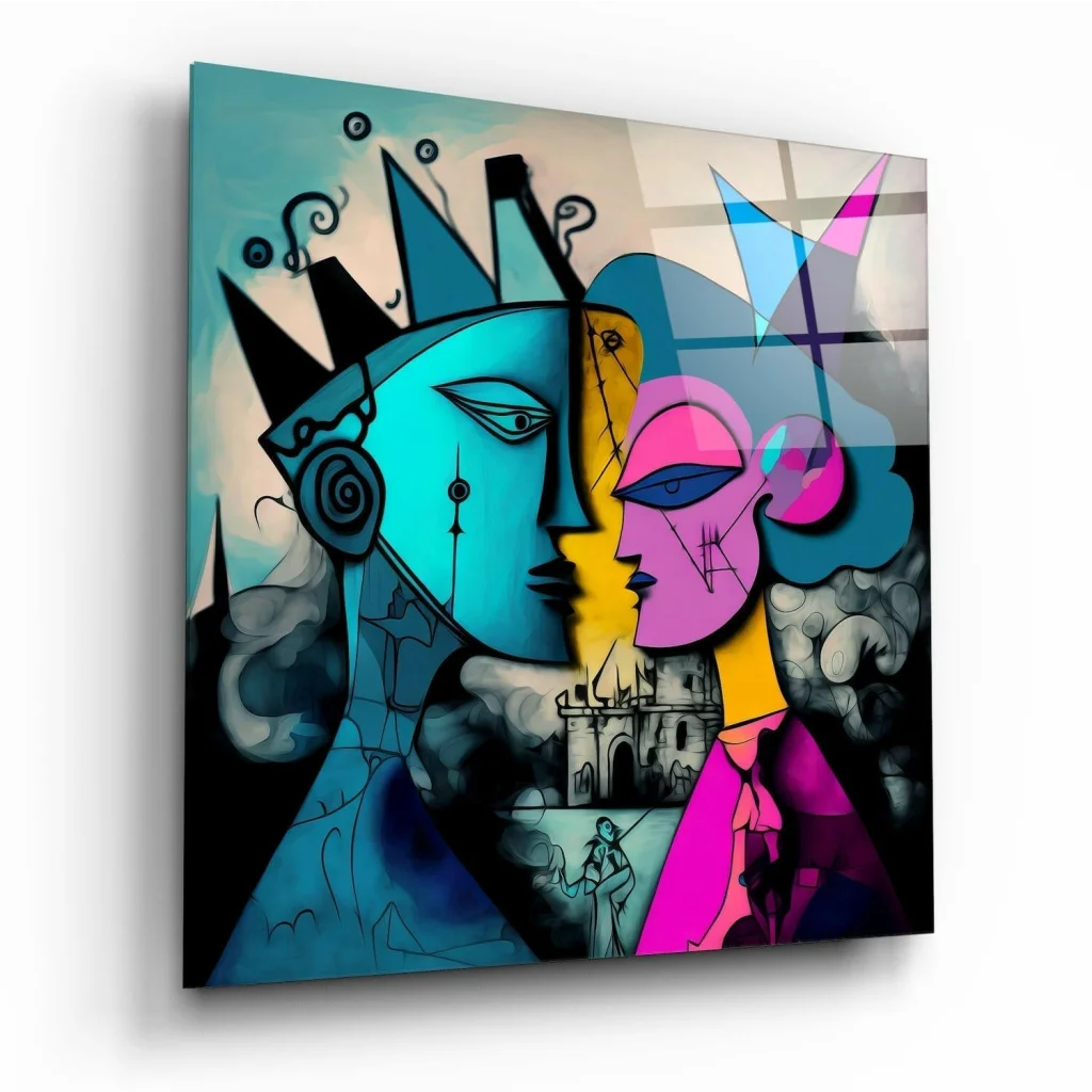 Vibrant Abstract Faces Glass Wall Art with Geometric Crowns | Insigneart USA | vintageantiquesgifts.com