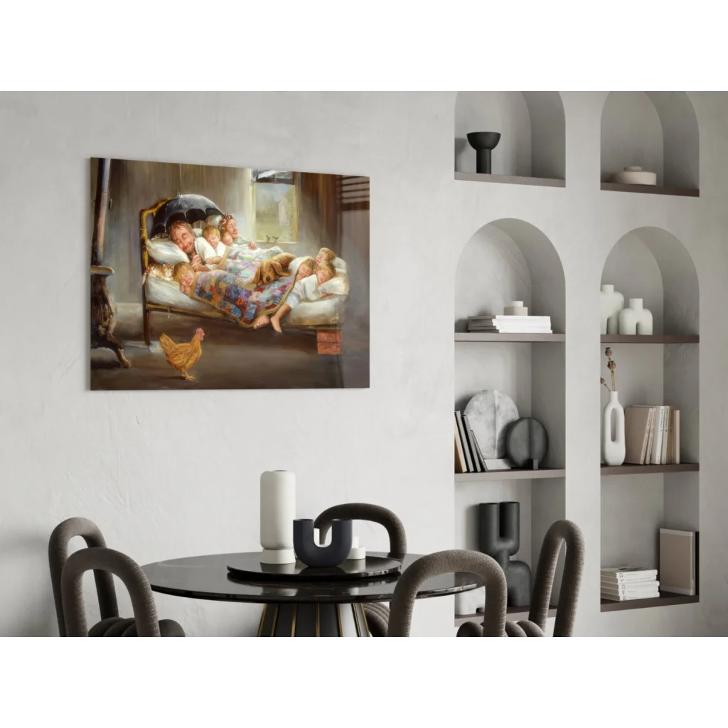 Cozy oil-painted family portrait with kids, dog, chicken on bed for wall art