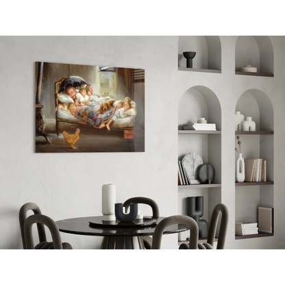 Cozy oil-painted family portrait with kids, dog, chicken on bed for wall art