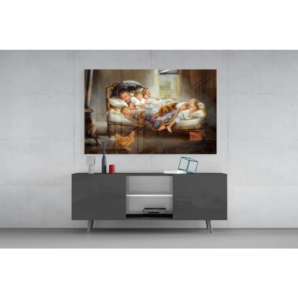 Cozy family farmhouse wall art painting with chicken, dogs, bed, umbrella