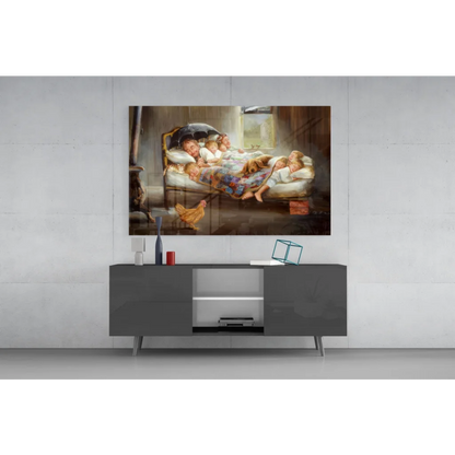 Cozy family farmhouse wall art painting with chicken, dogs, bed, umbrella
