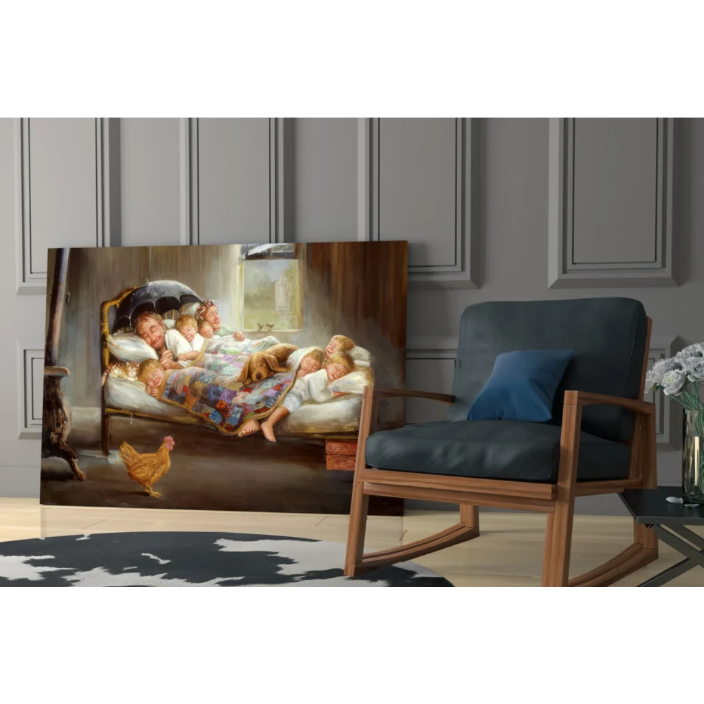 Cozy family farmhouse canvas wall art of kids, adult, dog in bed