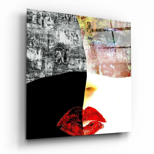Bold red lips abstract canvas wall art with grunge textures