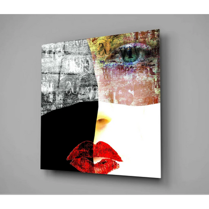 Bold red lips abstract canvas wall art with modern typography overlays