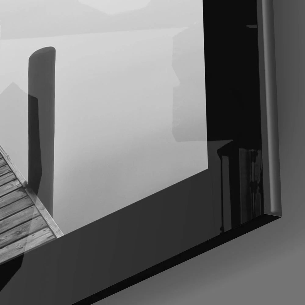 Minimalist black-and-white foggy pier glass wall art
