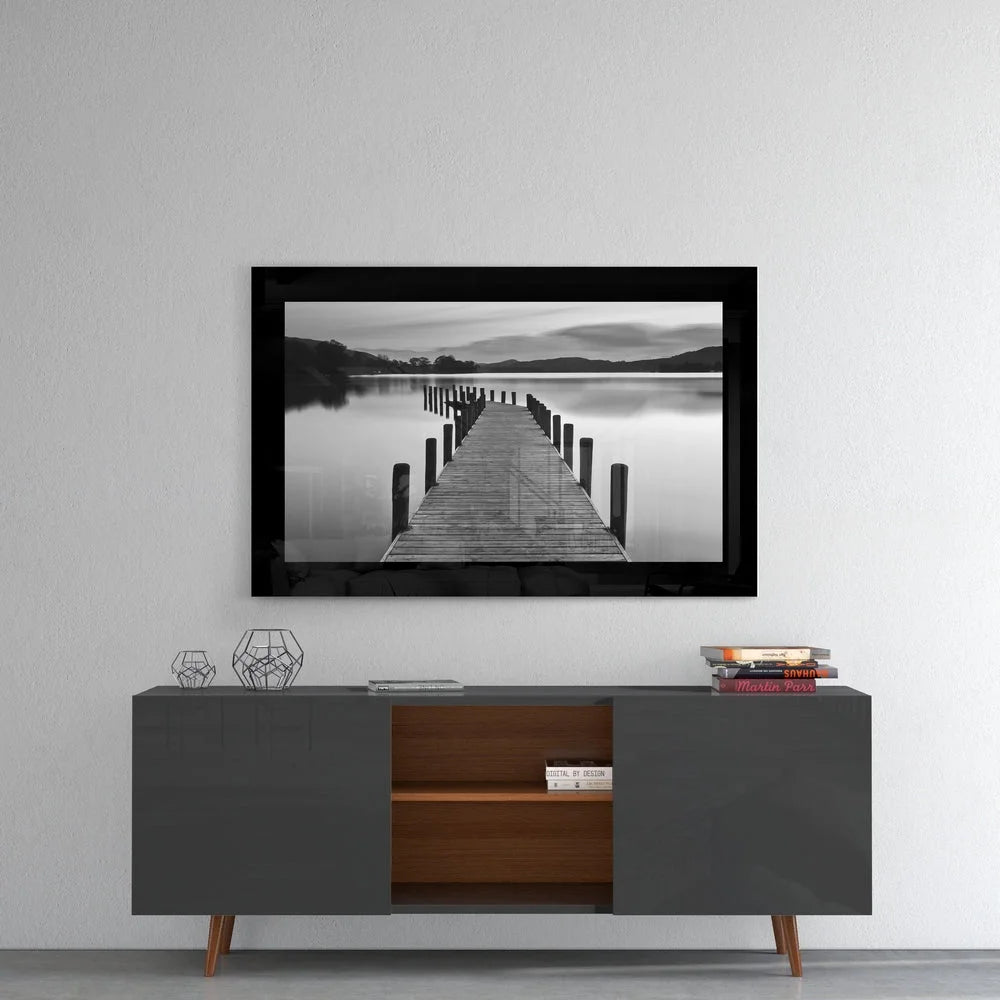 Black and white foggy pier glass wall art on acrylic