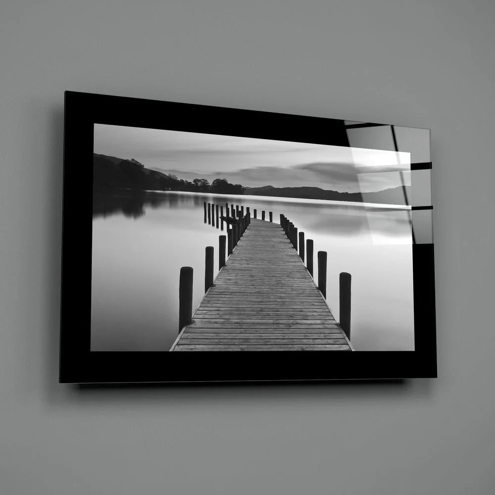 Black-and-white foggy pier glass wall art on acrylic print