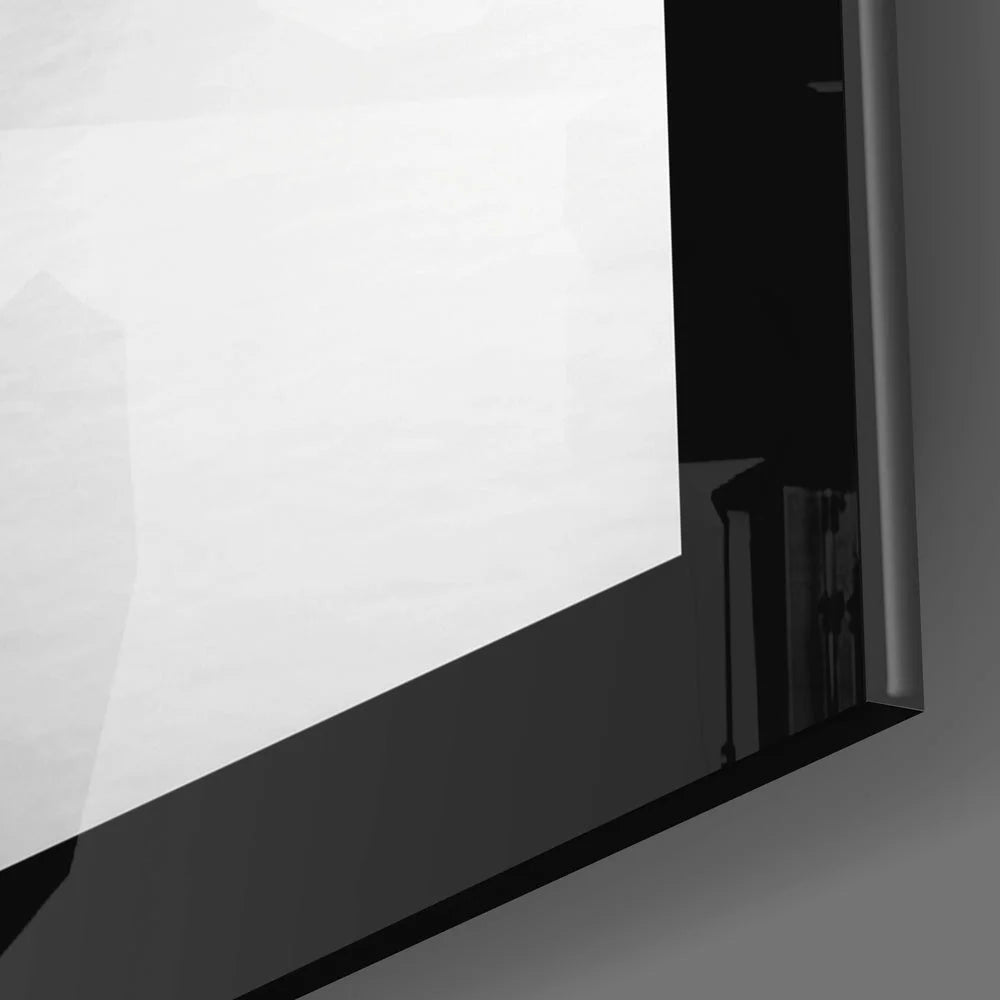 Black-framed reflective glass pane wall art in classic black and white