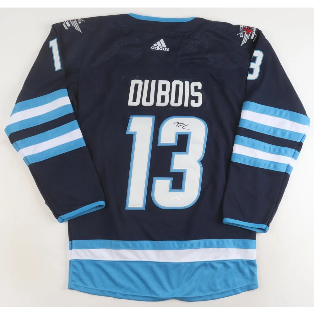 Navy blue Winnipeg Jets hockey jersey with light blue and white stripes, signed by Pierre-Luc Dubois