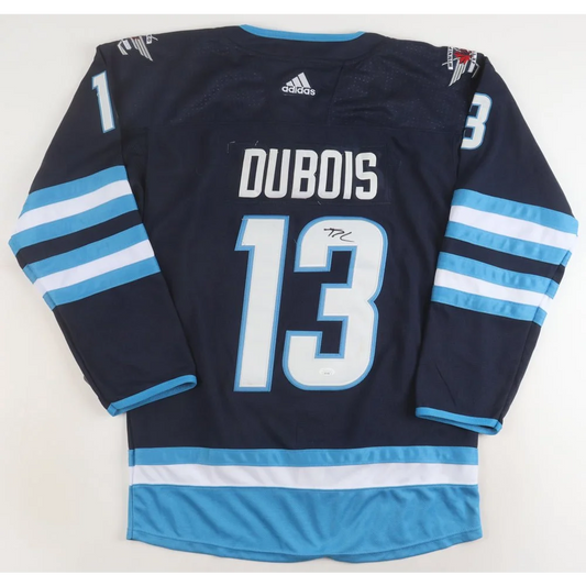 Navy blue Winnipeg Jets hockey jersey with light blue and white stripes, signed by Pierre-Luc Dubois