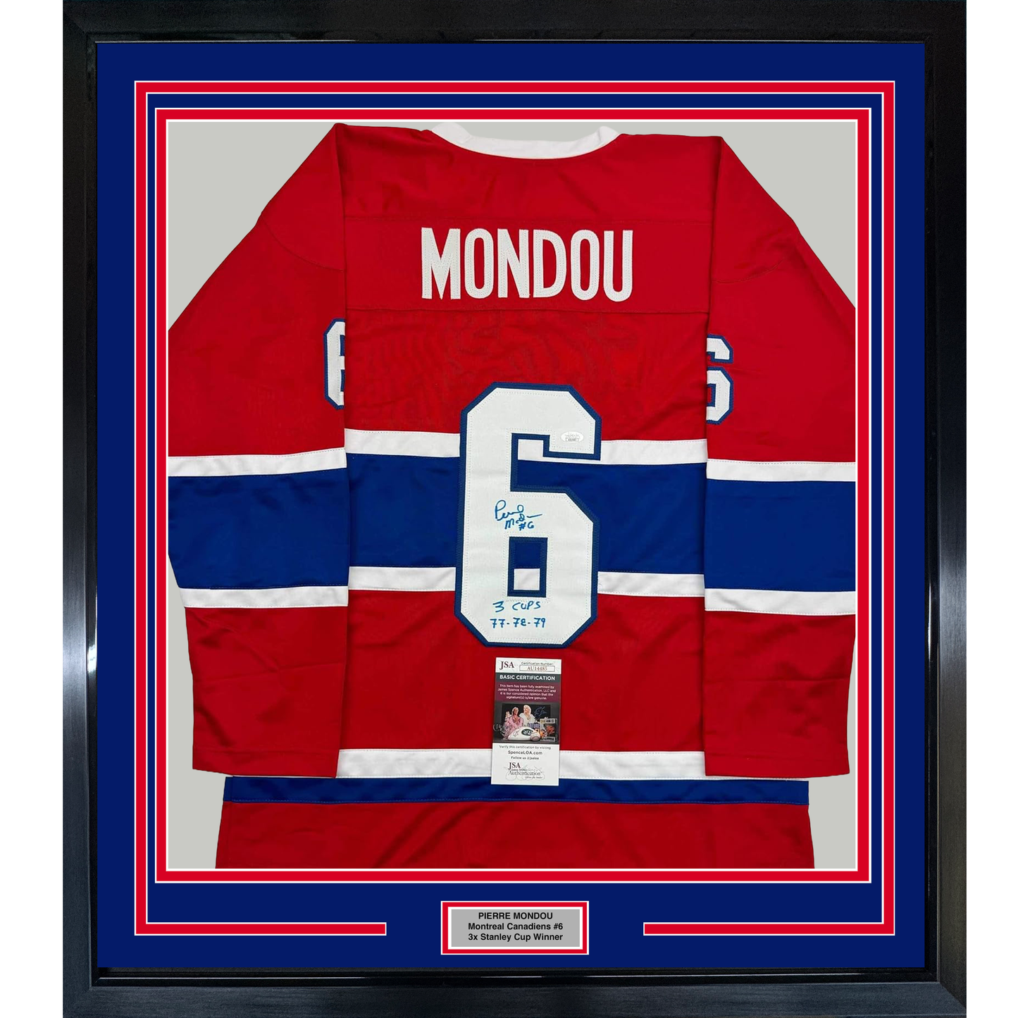 Framed Montreal Canadiens red, white, and blue hockey jersey number 6 signed by Pierre Mondou with Stanley Cup inscription, displayed front-facing with JSA authentication certificate.