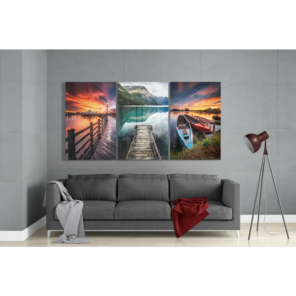 Three-panel sunset lake wall art with serene docks and boats