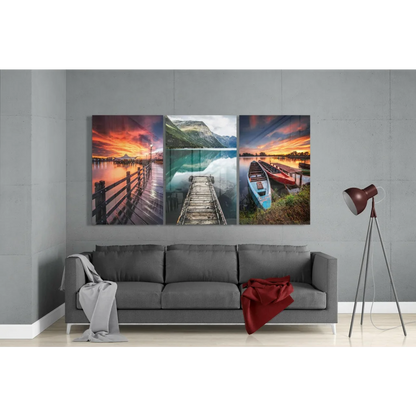 Three-panel sunset lake wall art with serene docks and boats