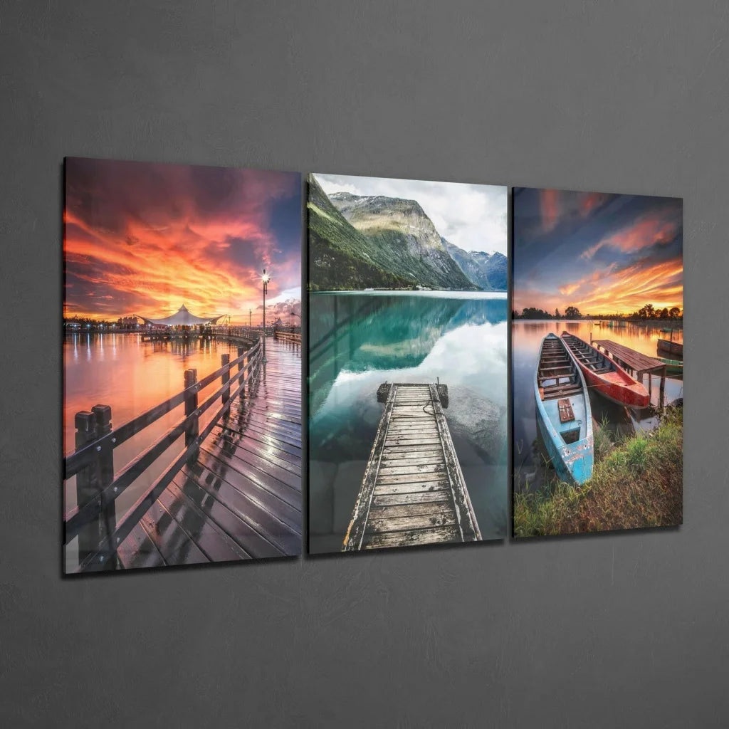 Three-panel sunset lake canvas wall art with vibrant skies and calm water