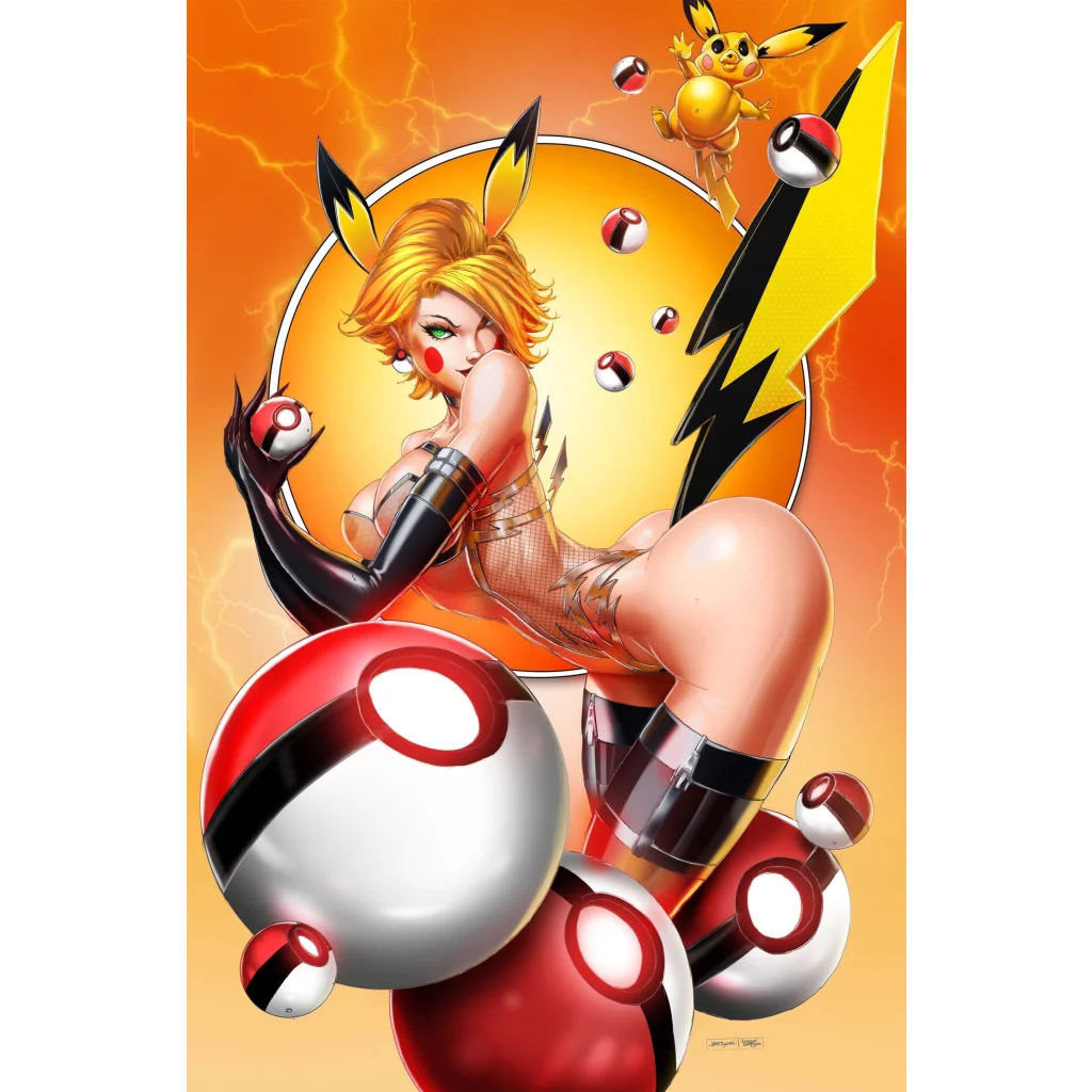 Blonde Pikachu girl with ears and red cheeks amid giant poke balls in orange lightning strike art