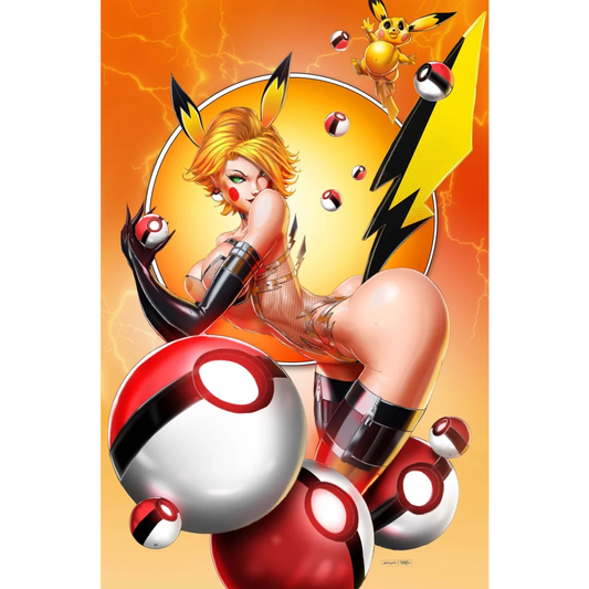 Blonde Pikachu girl with ears and red cheeks amid giant poke balls in orange lightning strike art