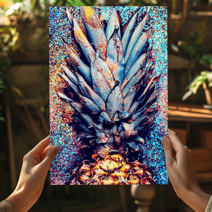 Vibrant glittery pineapple insigne aluminum print in blue and gold