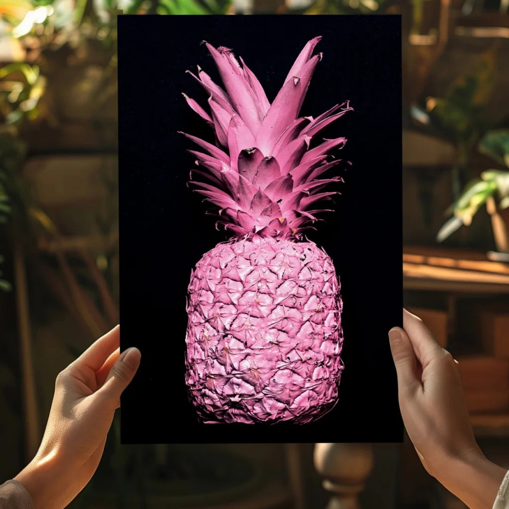 Vibrant pink pineapple on black canvas in Insigne Aluminum Prints