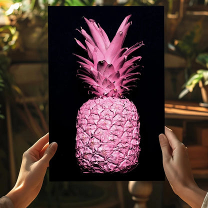 Vibrant pink pineapple on black canvas in Insigne Aluminum Prints