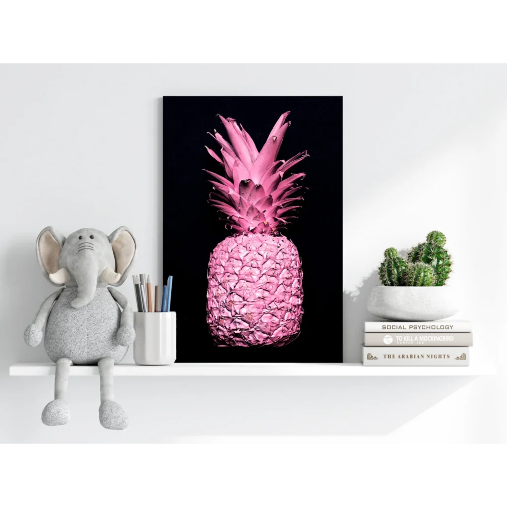 Vibrant pink pineapple insigne aluminum print on glossy textured canvas