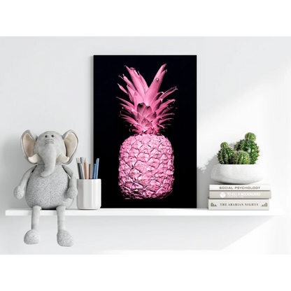 Vibrant pink pineapple insigne aluminum print on glossy textured canvas