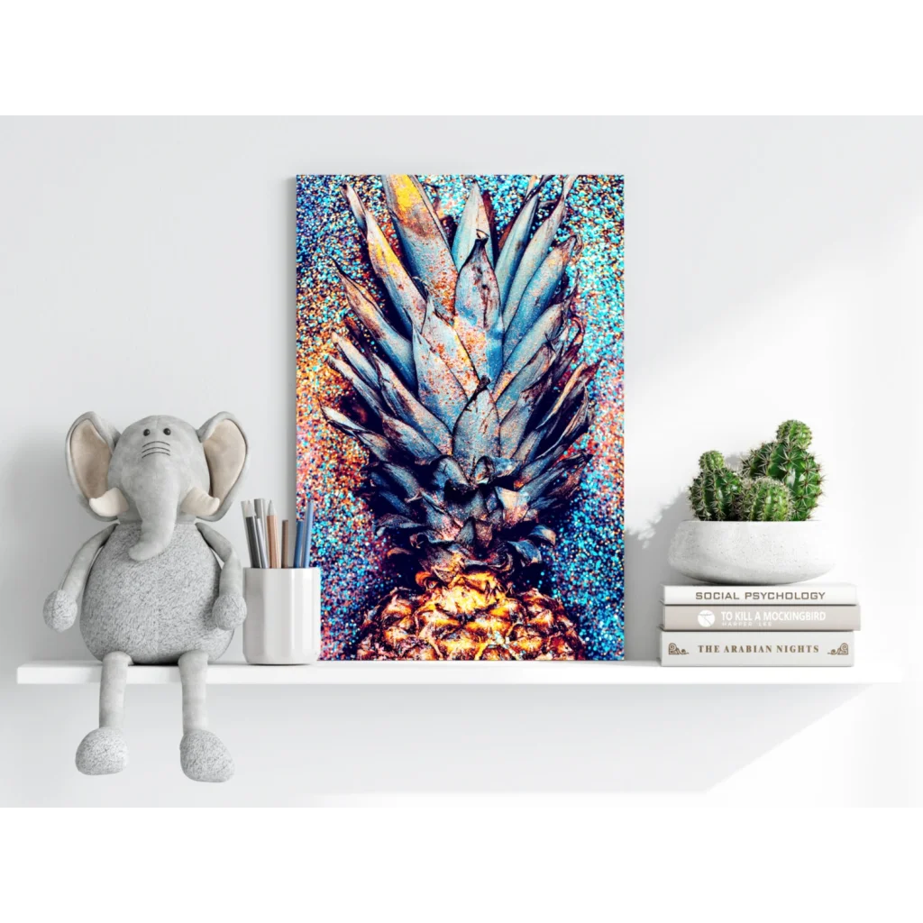 Vibrant pineapple aluminum print in blue and gold hues by Insigne Aluminum Prints