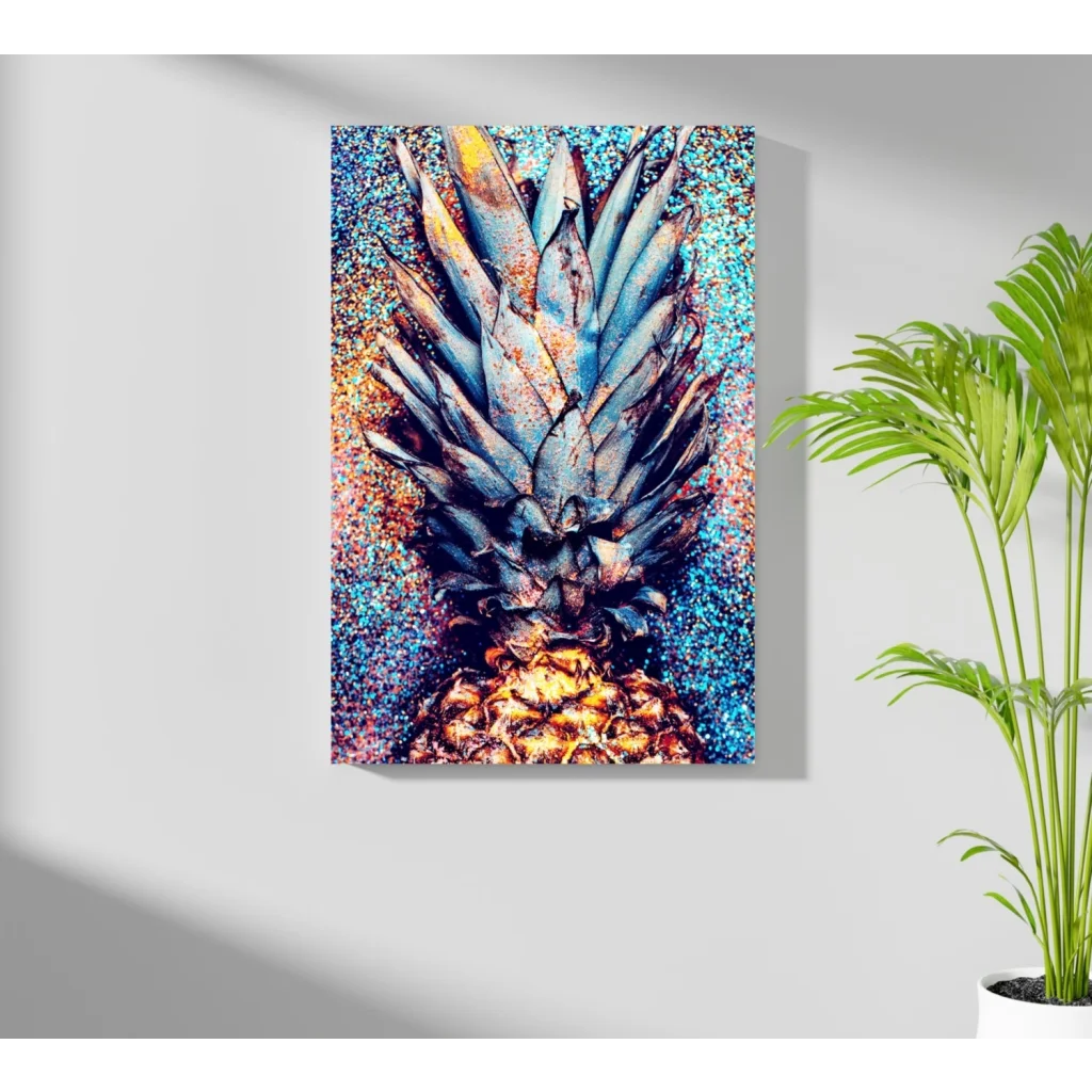 Vibrant stylized pineapple on insigne aluminum prints blue gold textured background