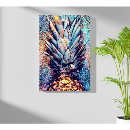Vibrant stylized pineapple on insigne aluminum prints blue gold textured background