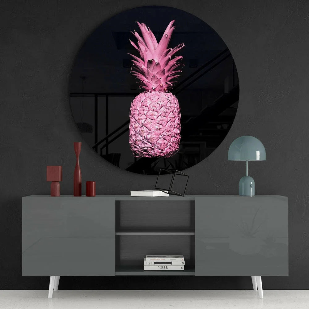 Vibrant pink pineapple in glossy reflective tempered glass art
