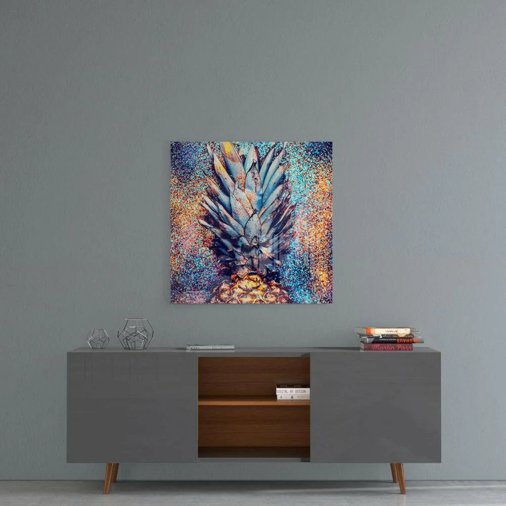 Sparkly pineapple glass wall art with blue teal gold glitter bursts