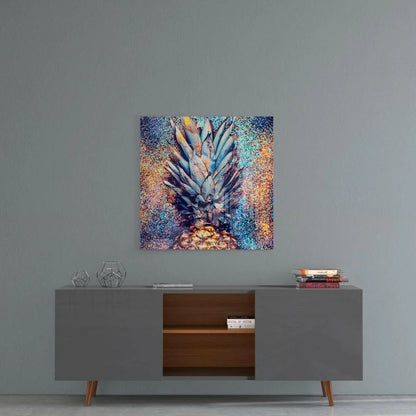 Sparkly pineapple glass wall art with blue teal gold glitter bursts