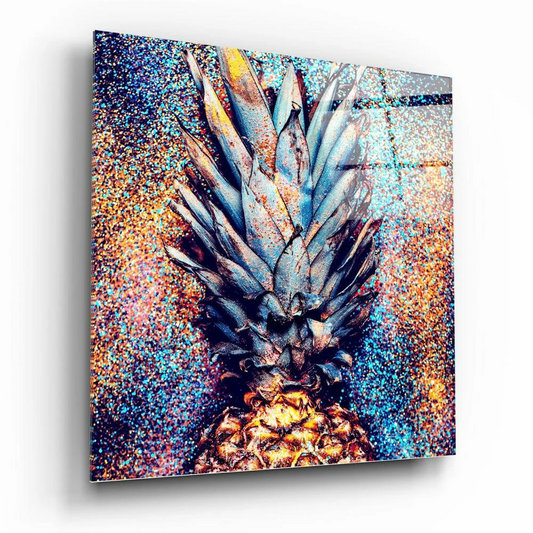 Sparkly glittery pineapple on vibrant glass wall art panel