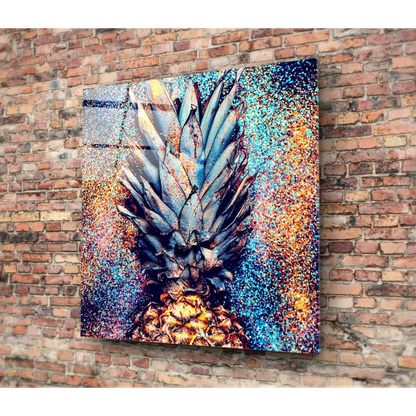 Sparkly pineapple glass wall art with glitter bursts on metallic finish