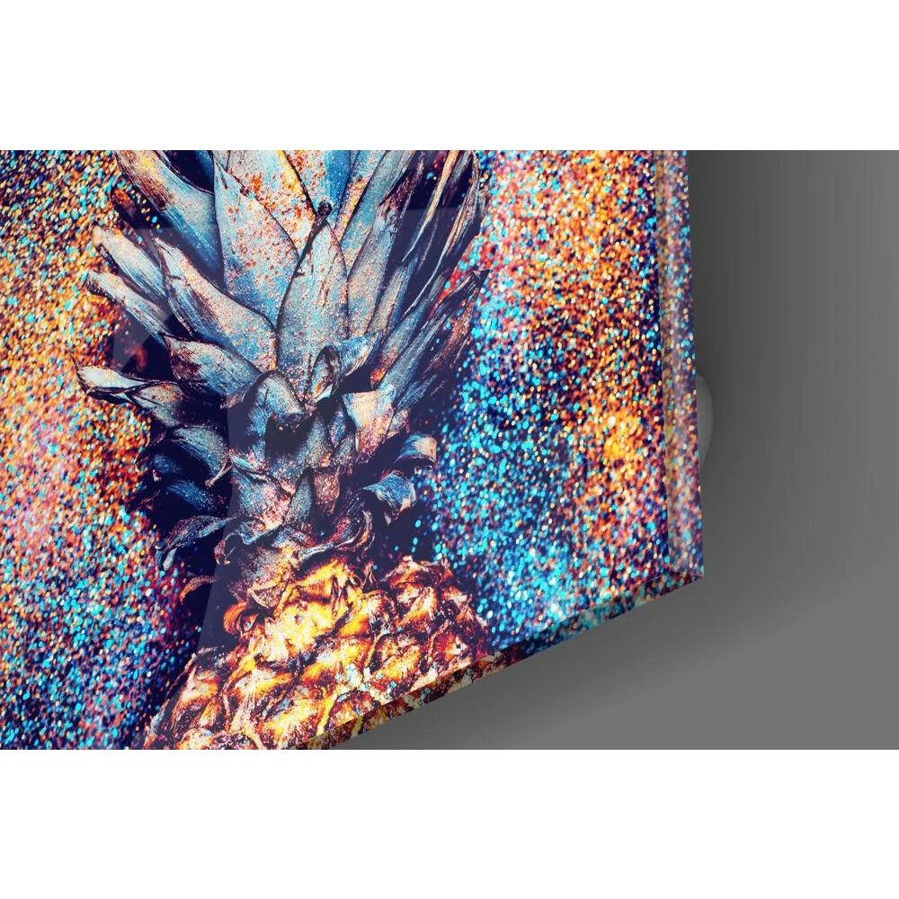 Sparkly pineapple glass wall art with glitter and colorful bursts