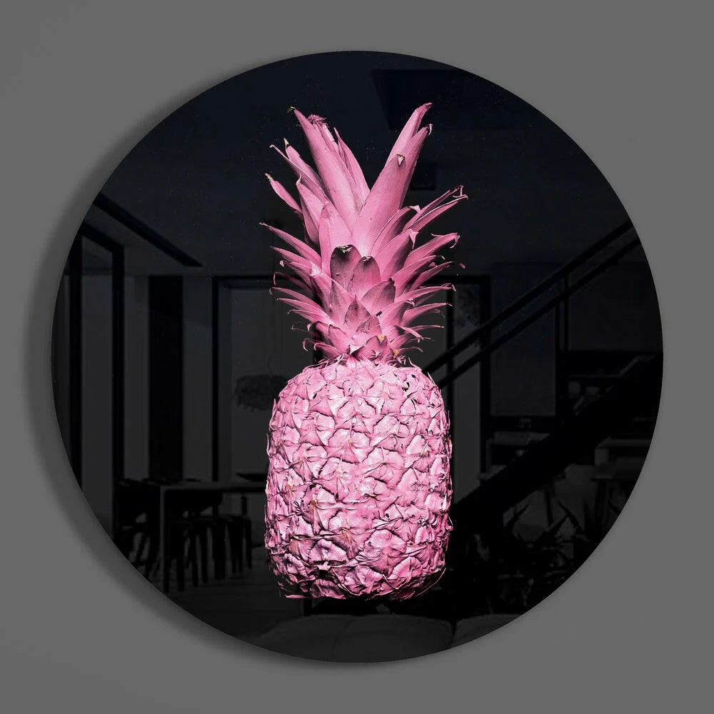 Glowing pink pineapple tempered glass art sculpture with spiky leaves