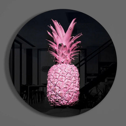 Glowing pink pineapple tempered glass art sculpture with spiky leaves