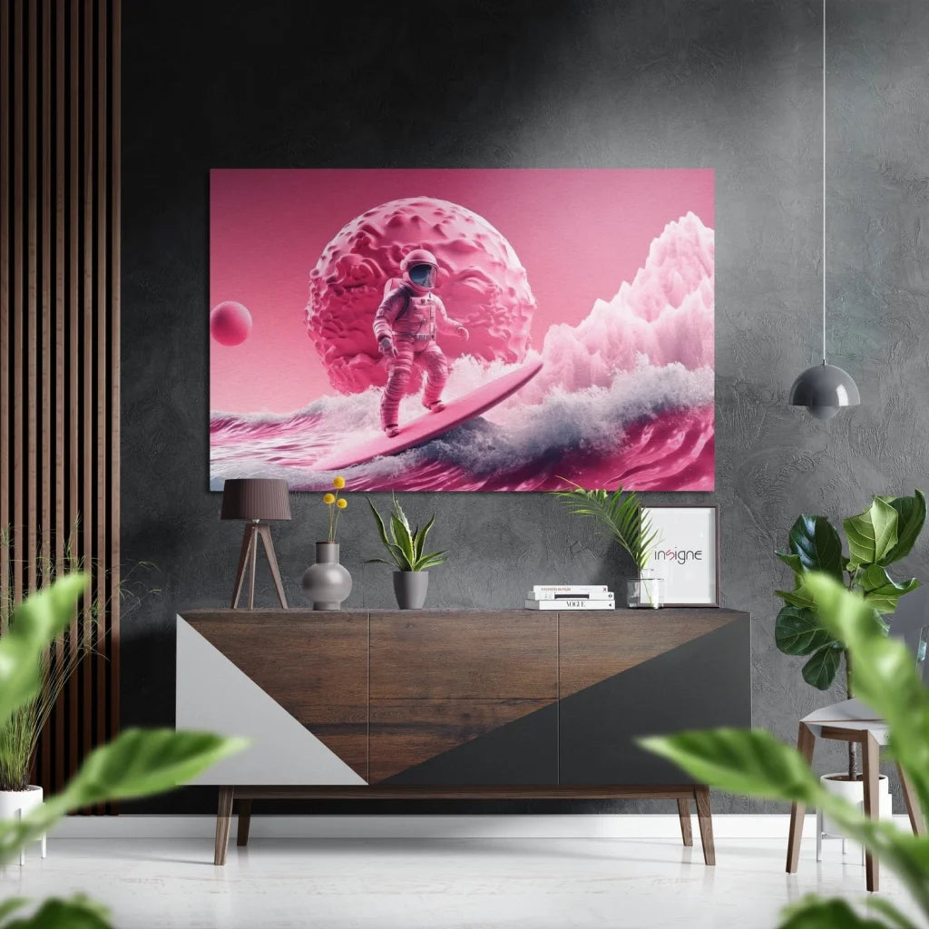 Pink astronaut surfing on brushed aluminium dibond wall art